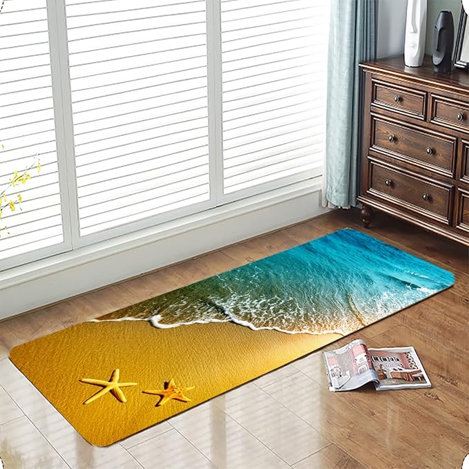 Bath Rugs Sponge Foam Absorbent Soft for Bathroom and Kitchen (24x71 inches), Flannel Mat Non Slip Bright 3D Print for Bedside and Living Room(Starfish Beach)