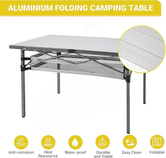 KingCamp Folding Camping Table, Portable Camp Table Foldable Aluminum Roll Up Seamless Desktop with Storage and Tall Legs for Outdoor Backyard Picnic