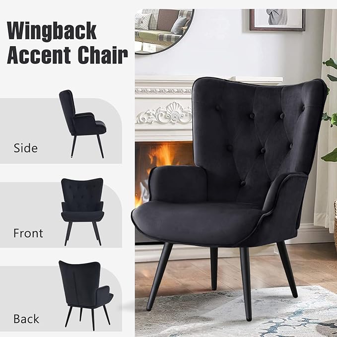 Furniliving Velvet Accent Chair for Living Room, Upholstered Reading Chair with High Backrest, Tufted-Button Wingback Armchair for Bedroom, Dressing Room, Home Office, Black, Set of 2