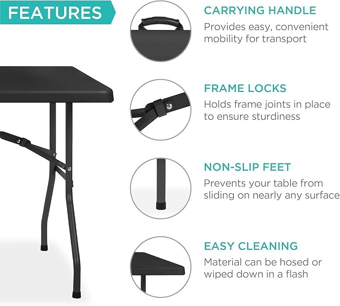 Best Choice Products 6ft Plastic Folding Table, Indoor Outdoor Heavy Duty Portable w/Handle, Lock for Picnic, Party, Camping - Black