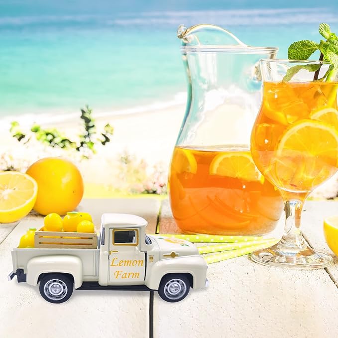 Lemon Decor Vintage Truck Decor with Mini Faux Lemons and Wooden Crate Summer Tiered Tray Decor Lemon Decorations for Home Desk Shelf Farmhouse Kitchen Centerpieces for Tables- Cream