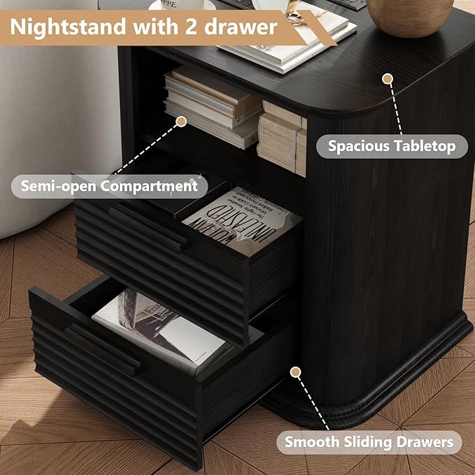22'' Fluted Nightstand with Charging Station, Modern End Table with 2 Drawers and Open Storage, Wood Night Stand with Round Corner, Side Bedside Table for Bedroom, Living Room, Curved Profile,Black