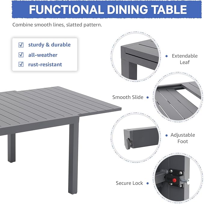 Soleil Jardin Aluminum Patio Extendable Dining Table, 63" - 105", Adjustable Indoor Outdoor Furniture Rectangle Table for 6-10 Person Porch Deck Garden, Dark-Grey