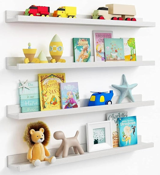 Forbena 36 Inch Floating Shelves for Wall 4-Pack, Large Nursery Book Shelves Bookshelf for Kids Bedroom, Long Picture Ledge Shelf with Lip for Living Room Photo Frames Art Display (White Solid Wood)