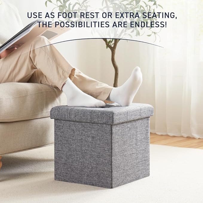 Ornavo Home Foldable Tufted Linen Storage Ottoman Square Cube Foot Rest Stool/Seat - 15" x 15" x 15" (Grey)