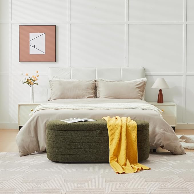 Storage Ottoman Bench End of Bed for Bedroom,45 inch Boucle Upholstered Entryway Shoe Seat Bench w/ Storage,Sherpa Modern Cute Padded Blanket Chest Stool Foot Rest for Living Room,Window Seating,Green