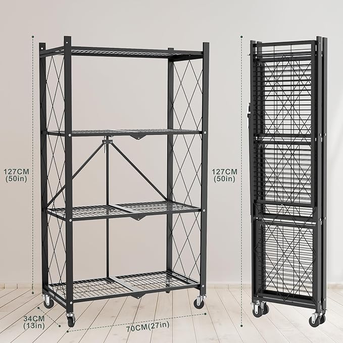 50" H 4 Tier Foldable Storage Shelf with Wheels, Folding Shelving Loads 400 LBS, Metal Steel Garage Shelves, Rolling Standing Utility Rack for Kitchen, Pantry, Office, Black