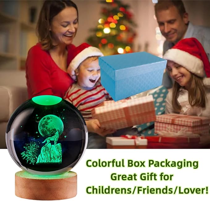 Wolf Crystal Ball Lamp with LED Wooden Base, 16 Colors Change & Remote Control Moon Crystal Ball Night Light, Upgraded 3.15 Inch Glass Light, Gift for Kids Wife Girlfriend (Wolf)