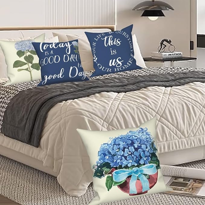 Blue Flowers Throw Pillow Covers 26"x26" Set of 4, Spring Outdoor Pillow Covers Home Decorative Floral Printed Cushion Covers for Couch Sofa Bedroom Farmhouse Livingroom Garden Patio Car