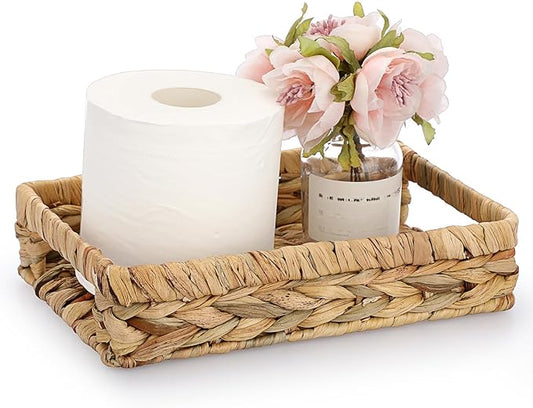 Sumnacon Bathroom Tray for Counter 9.8 Inch Water Hyacinth Bathroom Trays Over Toilet, Wicker Toilet Tank Organizer Decorative Countertop Trays for Toilet Vanity Kitchen Shelf Dining Table Desk