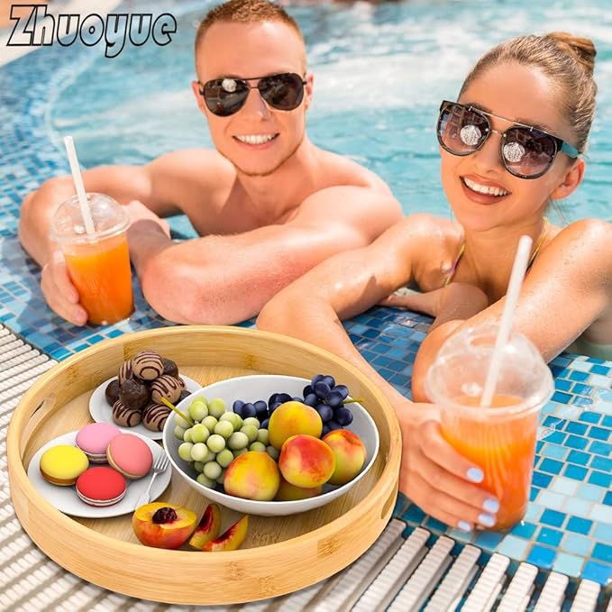 Zhuoyue 13“ Round Serving Tray with Handles - Wood Bamboo Decorative Tray for Ottoman, Coffee Table Circle Tray for Food, Cocktail, Drink