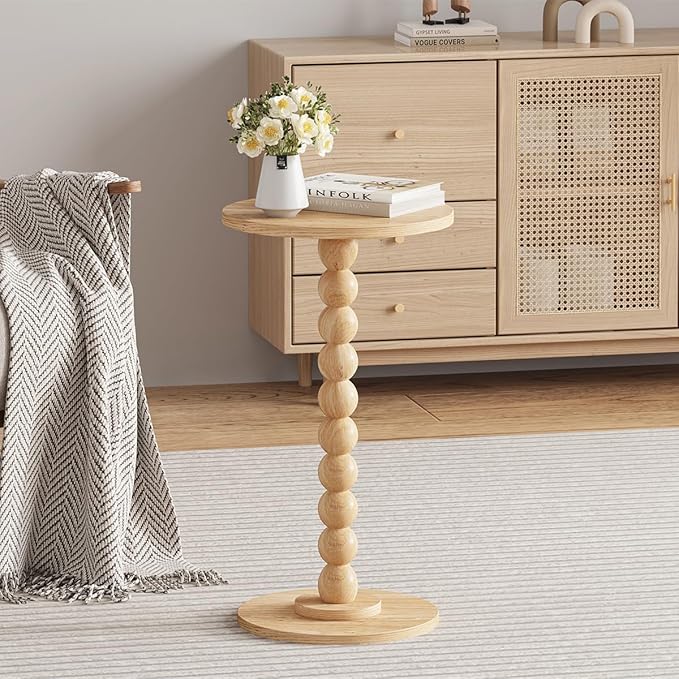 Round Side Table, Small Drink Table for Small Spaces, Pedestal End Table for Living Room, Modern Accent Nightstand with Solid Wood Leg for Bedroom, Corners and Office Natural Color UTBT005M
