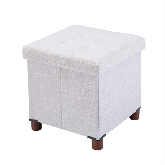 15 Inch Storage Ottoman with Wooden Legs - Cube Foot Rest Stool, Square Footstool, Comfortable Seat with Lid, Foldable Fabric Ottoman, Space-Saving White