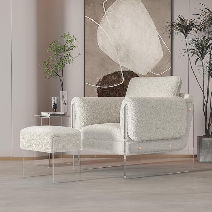 Vanity Stool Chair and Pouf Ottoman-Modern Multifunctional Vanity Stool and Foot Rest with Wool and Acrylic Leg for Makeup Room, Living Room, Bedroom