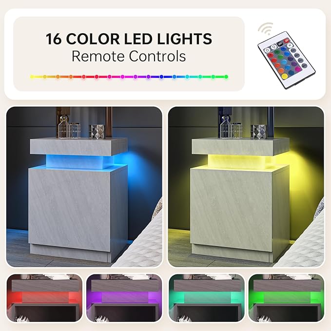 oneinmil LED Nightstands Set of 2, Night Stand with Storage Cabinet for Bedroom, Bedside Table with LED Lights, Modern End Side Table, Grey