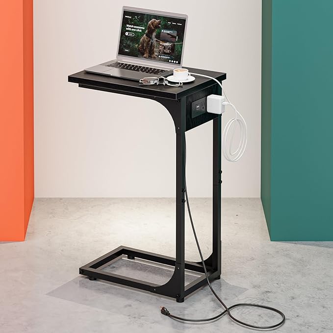 C-Shaped Side Table for Couch - Small Coffee Stand Sofa Tray Desk with Metal Frame Waterproof Scratch Resistant Wood Top and Built-in Charging Station, Black