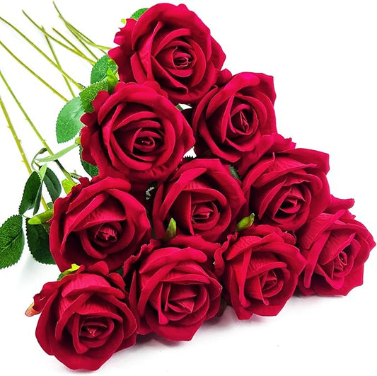 10 PCS Artificial Roses with Long Stems Silk Flowers Realistic Foam Flowers Fake Roses for Valentine's Day Home Wedding Halloween Decor(Brilliant Red)