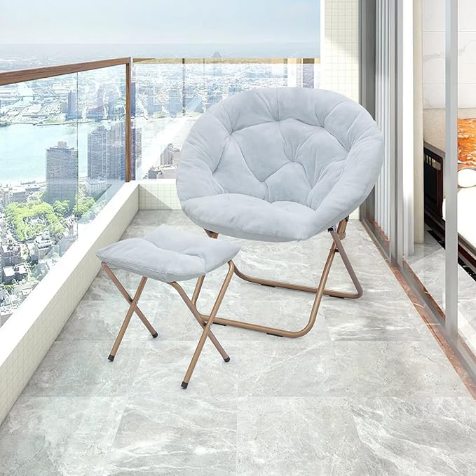 Athena Collection Saucer Chair with Ottoman Comfy Chair for Bed Room Living Room Folding Round Cozy Chair Faux Fur Metal Frame Foldable Lazy Chair Accent Chair Reading Chair, Blue