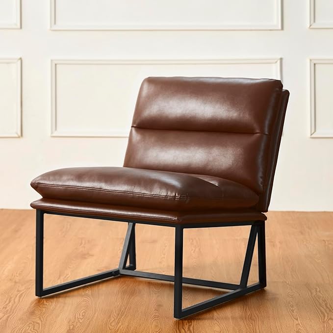 Glitzhome Mid Century Modern Accent Chair, Coffee Thick Leatherette with Metal Frame, Side Upholstered Leisure Chair for Living Room, Bedroom, Office, 1PC