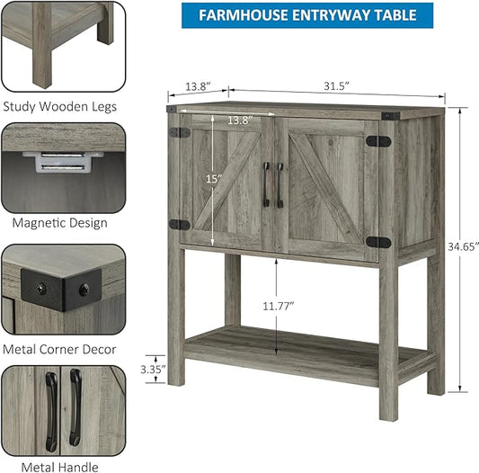 Console Table with 2-Door Cabinet Coffee Bar Cabinet Sofa Table,Entryway Table with Storage, Farmhouse Buffet Sideboard (Grey)