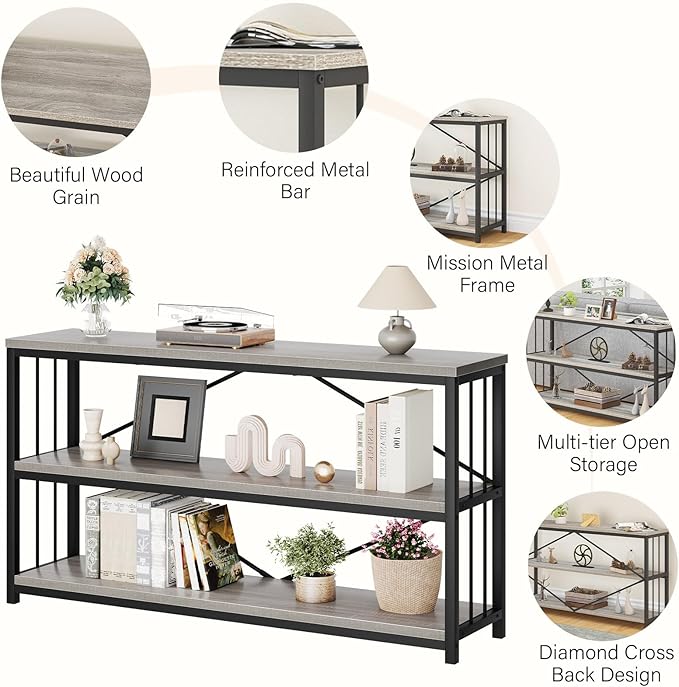 LVB Farmhouse Industrial Console Table, Wood Metal Foyer Entryway Sofa Tables with Storage, 3 Tier Long Rustic Entry Table TV Stand with Shelves for Home Living Room Hallway, Light Grey Oak, 55 Inch