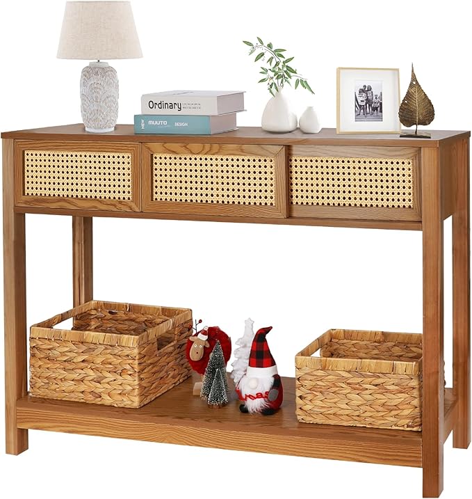ZYBT Long Console Table, Rattan Entry Table, Console Tables for Entryway, Narrow Wood Console Table with Storage, Rustic Couch Table Hallway Table Brown Boho Sofa Table for Living Room