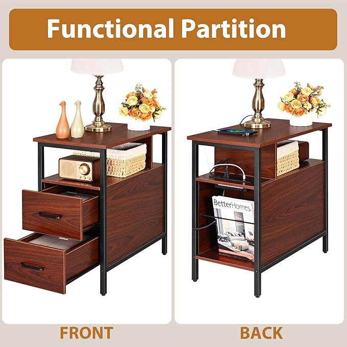 Livofloral Narrow Side Tables with Charging Station, Narrow End Table with Wooden Drawers, USB Ports and Power Outlets, Nightstand and Bedside Table for Bedroom, End Tables Living Room, Espresso
