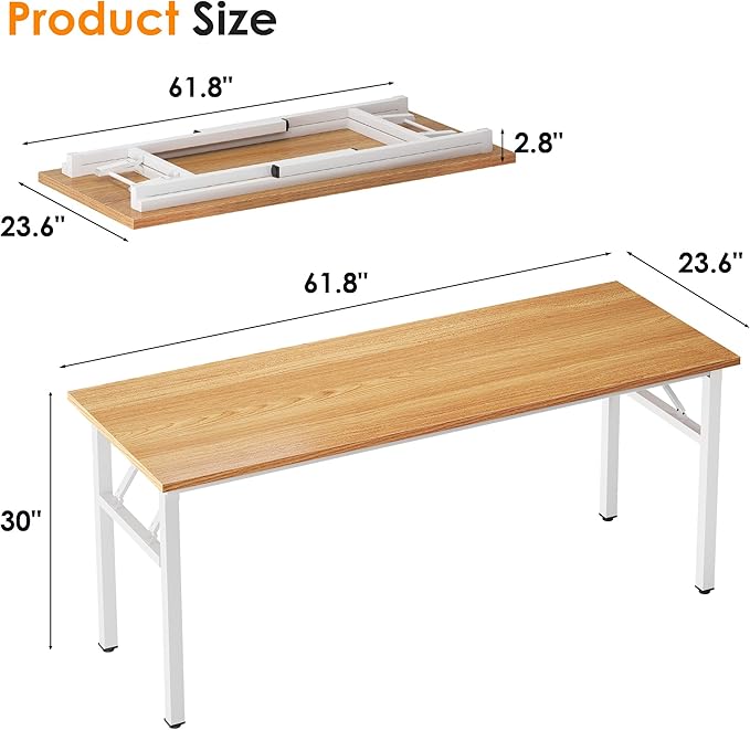 Need Computer Desk Office Desk 62 inches Folding Table with BIFMA Certification Conference Table Workstation,Teak White