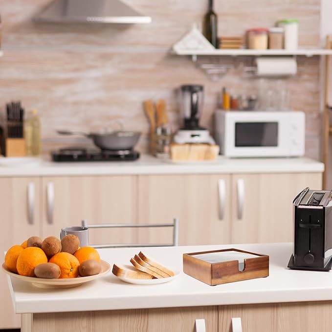 Acacia Lunch Napkin Holder 7.8 x 7.8 inches for Dining Table and Kitchen – Napkin Dispenser Made from Brown Acacia Wood – Premium Quality Feel for Dessert Beverage Party Dinner Luncheon Bar Table