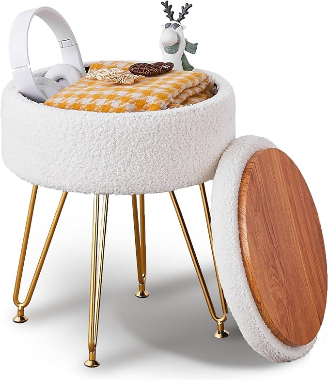 Wimarsbon Storage Ottoman,Teddy Velvet Vanity Stool,Soft Padded Seat,Round Footrest with Removable Cover and Adjustable Legs,Modern Decorative Accent Footstool or End Table for Hallway (White)