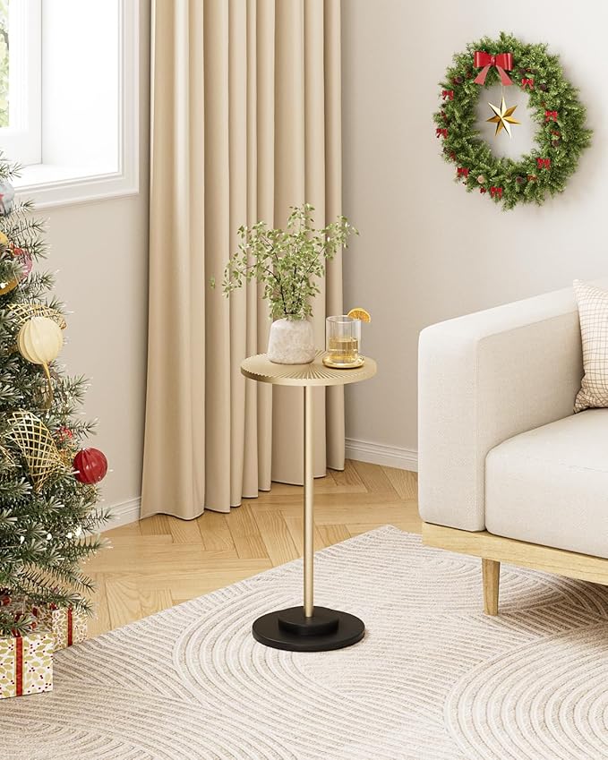 Round Side Table, Small Drink Table for Small Spaces, Modern Accent End Table with Metal Leg for Living Room, Bedroom, Corners, and Office (Gold)