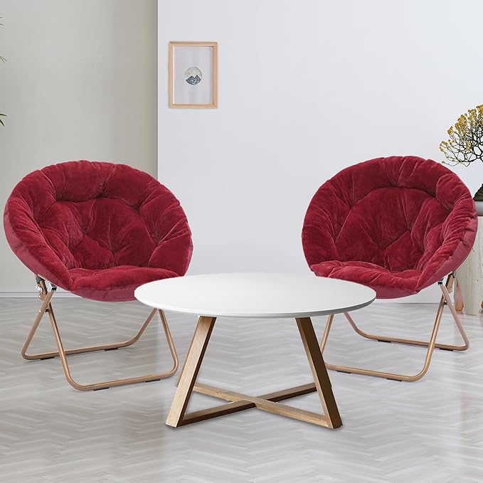 Athena Collection Comfy Saucer Chair Folding Cozy Chair for Bed Room Living Room Accent Chair Faux Fur Reading Chair Foldable Metal Frame Lazy Chair Moon Chair for Adult Set of 2, Red