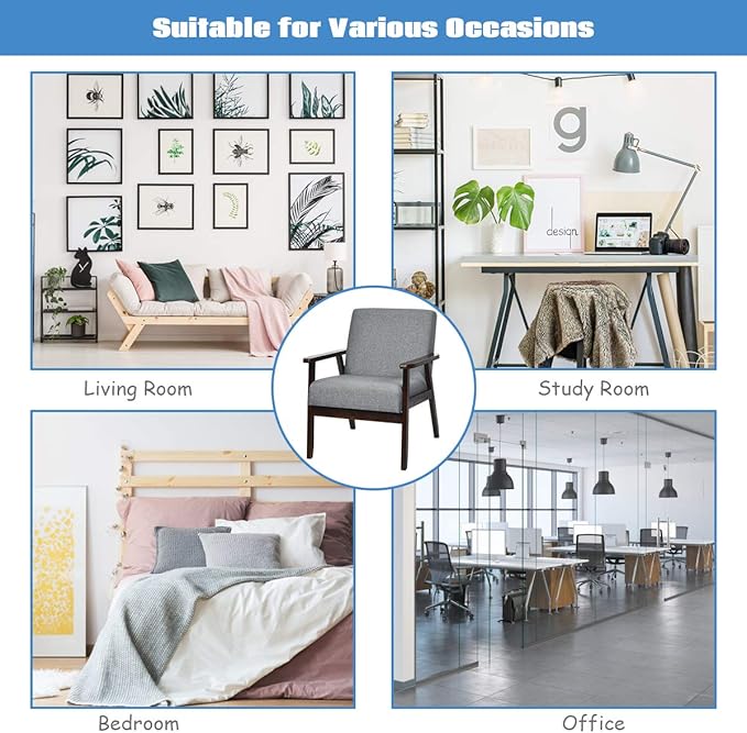 Giantex Mid-Century Modern Accent Chair, Retro Fabric Armchair, Solid Hardwood Made, Upholstered Linen Lounge Arm Chair for Living Room (1, Dark Grey)