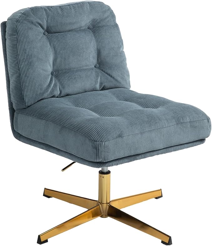 ZOBIDO Modern Accent Corduroy Chairs Comfy Upholstered Vanity Chairs for Bedroom Armchair Dining Chairs with Golden Metal Legs Desk Chair for Living Room(Blue