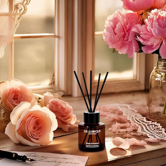 Reed Diffuser Oil – Flora D’Amour Scent with Rose, Peony, Magnolia & Peach – Long Lasting Aroma Diffusers for Home, Bedroom, Bathroom & Office – 50ml