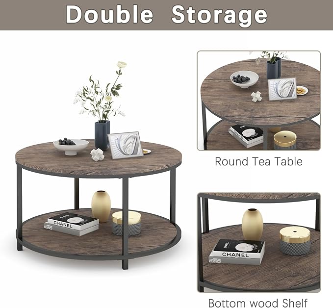 Round Coffee Table, Rustic Wooden Surface Top & Sturdy Metal Legs Industrial Sofa Table for Living Room Modern Design Home Furniture with Storage Open Shelf (Light Walnut, 28 in)