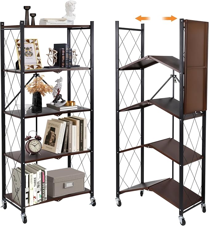 5-Tier Foldable Storage Shelves with Wheels, Folding Metal Shelf Unit, Folding Bookshelf no Assembly, Collapsible Shelves for Craft Shows for Kitchen, Bedroom, Living Room, Rustic Brown