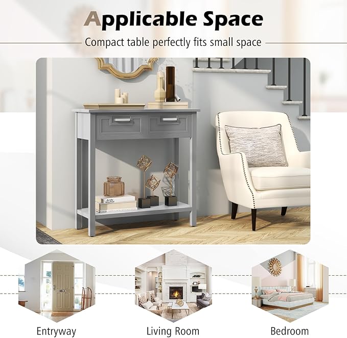 KOTEK Console Table with 2 Drawers & Shelf, Narrow Sofa Table with Rubber Wood Legs, Small Entryway Table for Living Room, Hallway, Office (Grey)