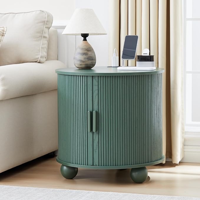 AVZEAR 24" Large Round End Table with Charging Station, Farmhouse Fluted Sofa Side Table with Sliding Tambour Door & Storage, Mid-Century Wood Nightstand for Living Room, Bedroom, Green