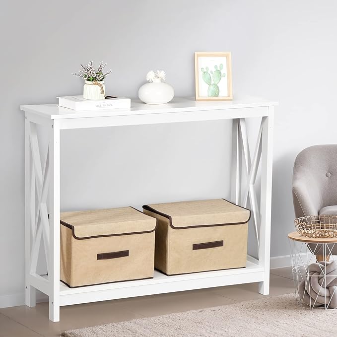 ZenStyle Sofa Side Console Table with 2 Storage Shelves Narrow Accent Table for Entryway/Hallway/Living Room, 39.3in L x 11.8in W x 31.6in H (White, 39.3 inch)