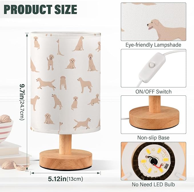 Table Lamp Labrador Retriever Dogs Pattern Nightstand Lamp with Wood Base Fabric Lamp Shade Bedside Desk Lamp for Living Room Bedroom Kids Room Office