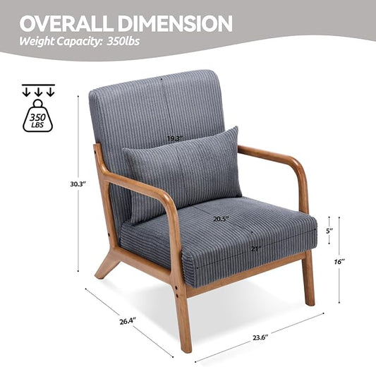 Mid Century Modern Corduroy Accent Chair, Living Room Chairs with Lumbar Pillow Boho Arm Chiar Reading Chair with Solid Wood Frame for Living Room Bedroom