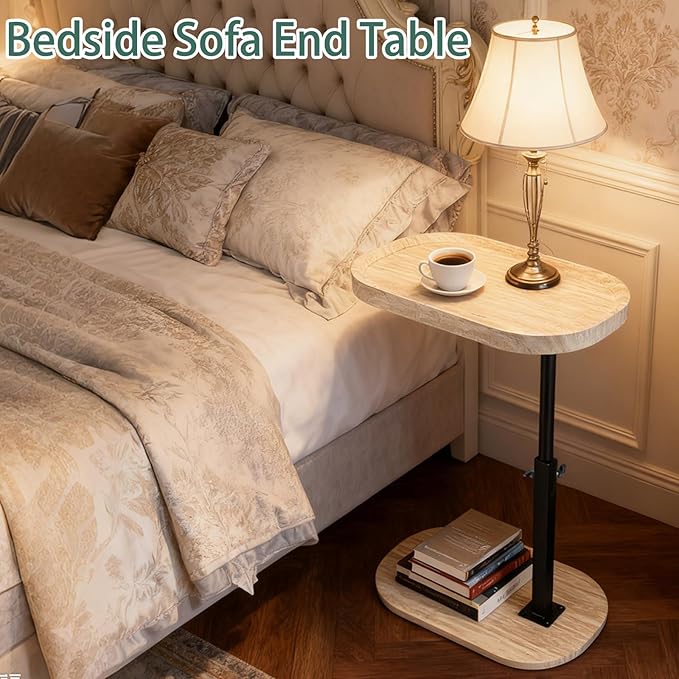 Adjustable C Shaped Side Table, C Table End Tables with Wheels for Sofa, 360° Swivel Sofa Tables for Livingroom,Bedroom,Study and Small Spaces (All White)