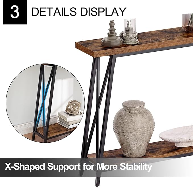 63" Solid Wood Entryway Table Narrow with Shelves, 2-Tier Storage Long Couch Table Behind Sofa Console Tables for Living Room, Entrance, Hallway, Foyer(Rustic Brown,35.4"x9.8"x31.5")