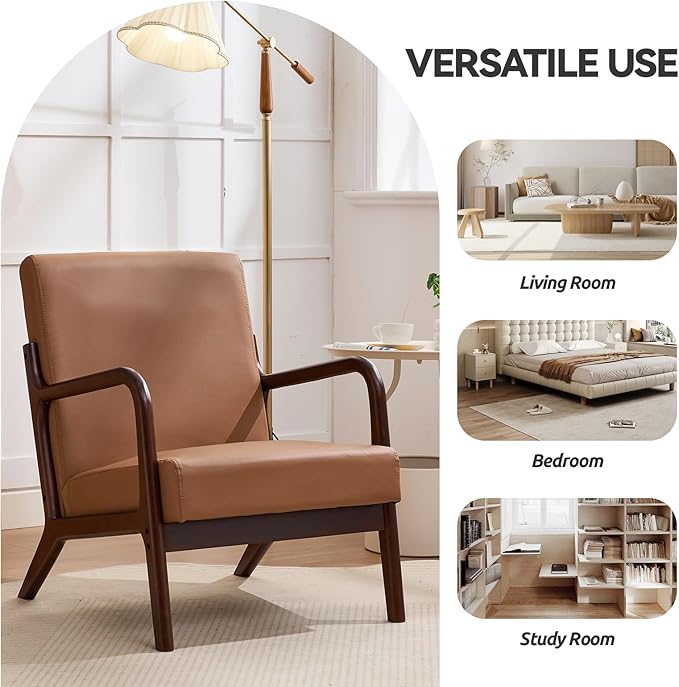 Mid Century Modern PU Leather Accent Chair, Living Room Chairs with Lumbar Pillow Boho Arm Chiar Reading Chair with Solid Wood Frame for Living Room Bedroom