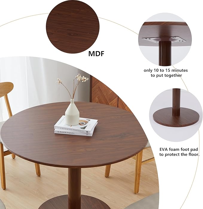 Round Dining Table, Circle Dining Table for 4-6 42 in, Modern Farmhouse Dinner Table Breakfast Tulip Table, for Kitchen/Small Space/Little Nook - Walnut