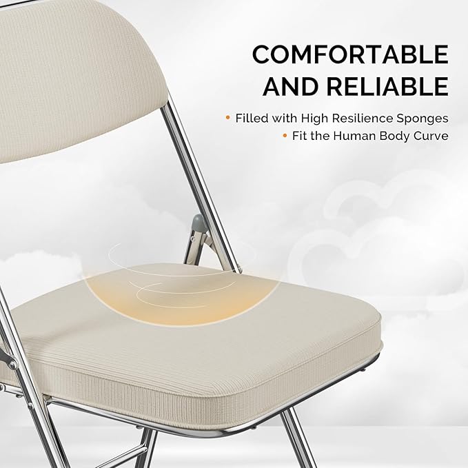 VINGLI Folding Chairs with Padded Seat & Backrest, Metal Frame, Durable Corduroy Fabric, 350 lbs Capacity, Set of 1, Off-White – Ideal for Weddings, Parties, Office Events