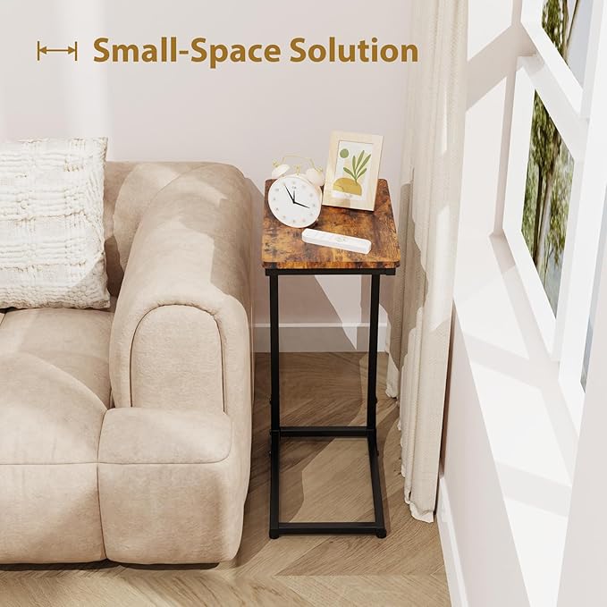 Narrow C Shaped End Tables Living Room TV Trays Set of 2, Small Thin Farmhouse Side Table Skinny Slide Under Couch Tray Tables for Sofa Bedroom Small Space 7 inch Width, Rustic Brown