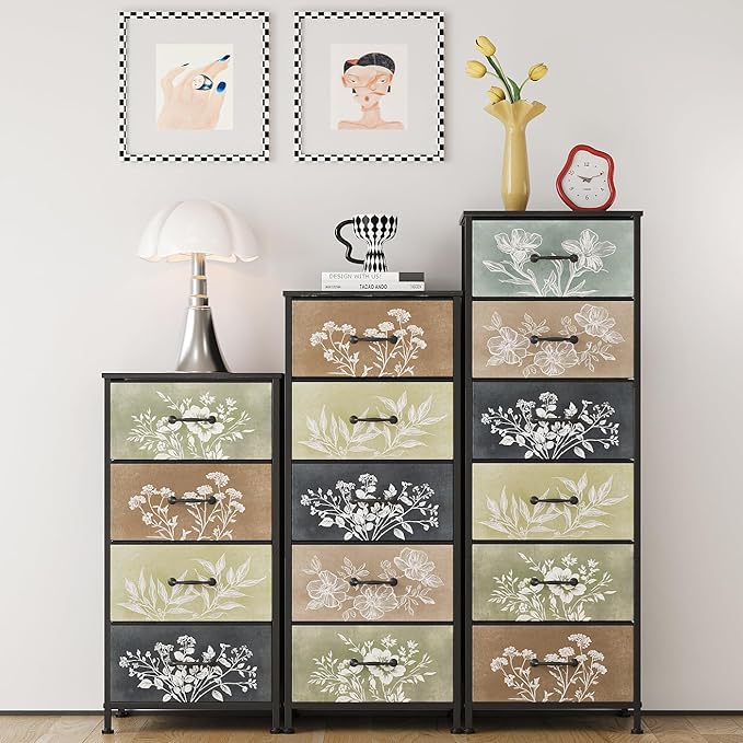 Tohomeor Vintage Dresser Vertical Nightstand with Neutral Botanical Plant Fabric Chest Drawers for Closet Bathroom Storage Tower Unit Bed Side Organizer Farmhouse Rustic (Multi, 5 Drawers)