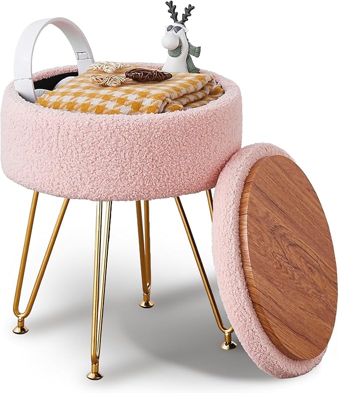 Wimarsbon Storage Ottoman,Teddy Velvet Vanity Stool,Soft Padded Seat,Round Footrest with Removable Cover and Adjustable Legs,Modern Decorative Accent Footstool or End Table for Hallway (Pink)